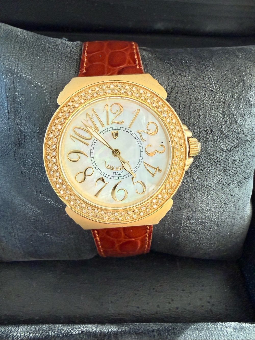 Lancaster Italy Gold Diamond Bezel Brown Leather Women's Watch
